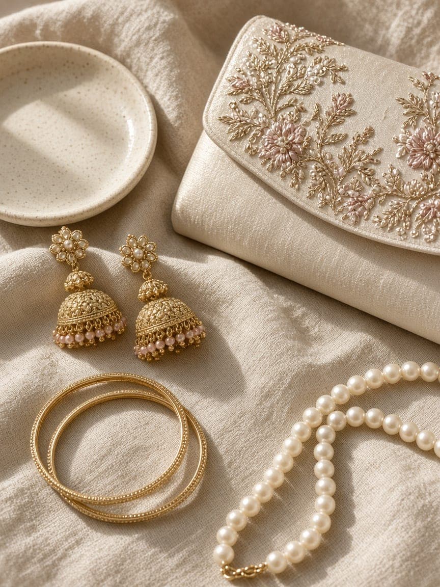 Gold-tone jhumka earrings, bangles and a pearl strand on linen
