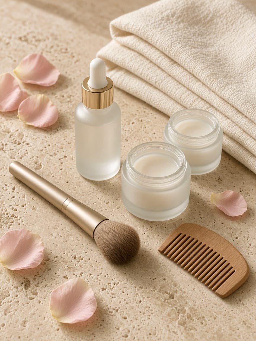 Unbranded frosted glass skincare jars, a serum bottle, a makeup brush and a wooden comb on ivory stone with rose petals
