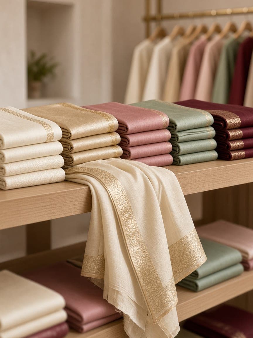 Folded silk fabrics in ivory, gold, rose, sage and maroon with zari borders on a light oak boutique shelf