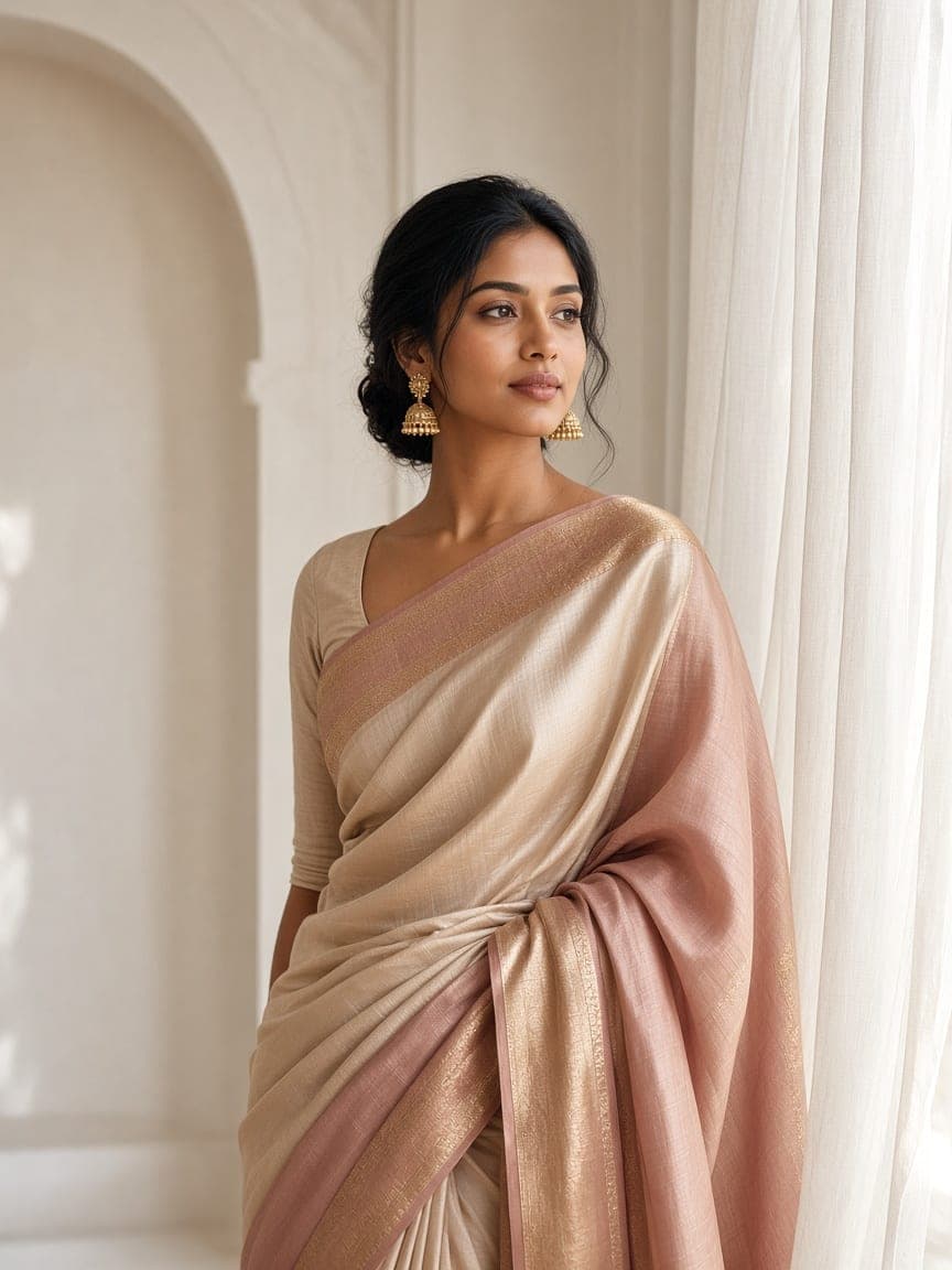 Woman in an elegant champagne and dusty rose silk saree with gold jhumka earrings, standing by soft window light